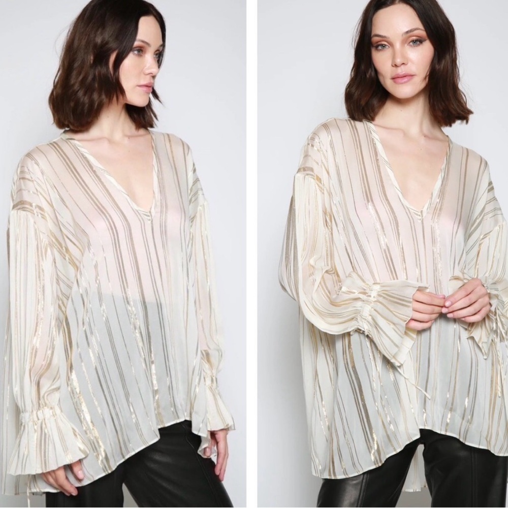IRO Adore Metallic Striped sleeve silk blouse Oversized Ruffle Sleeve size 34